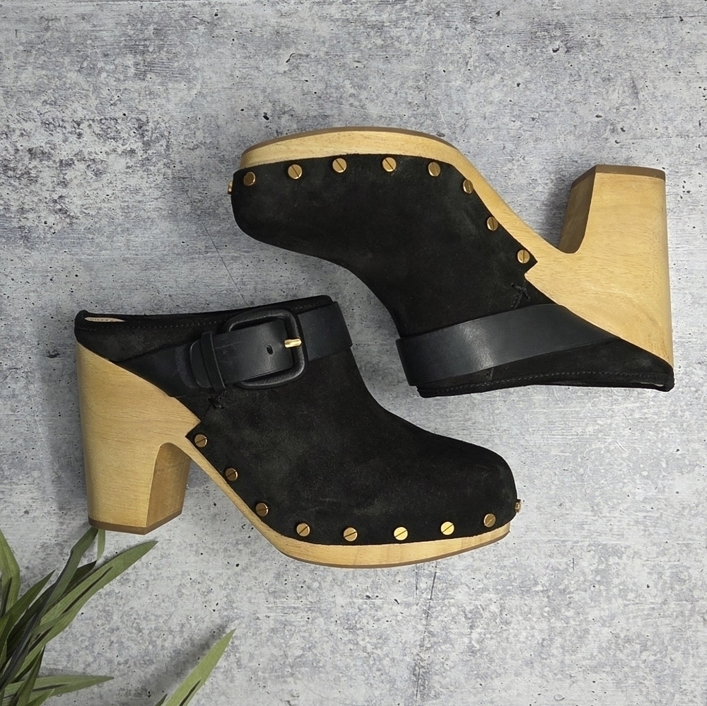 Veronica Beard | Dacey Black Suede Buckle Strap Clogs Nailhead Stud Trim Size 8